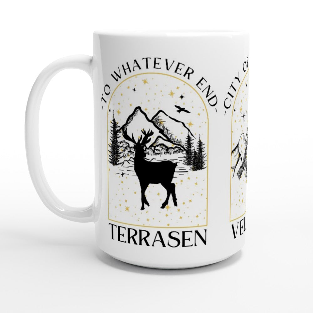 SJM City Mug To Whatever End Terrasen, Velaris City of Starlight, Light it Up Crescent City Lunathion White 15oz Ceramic Mug