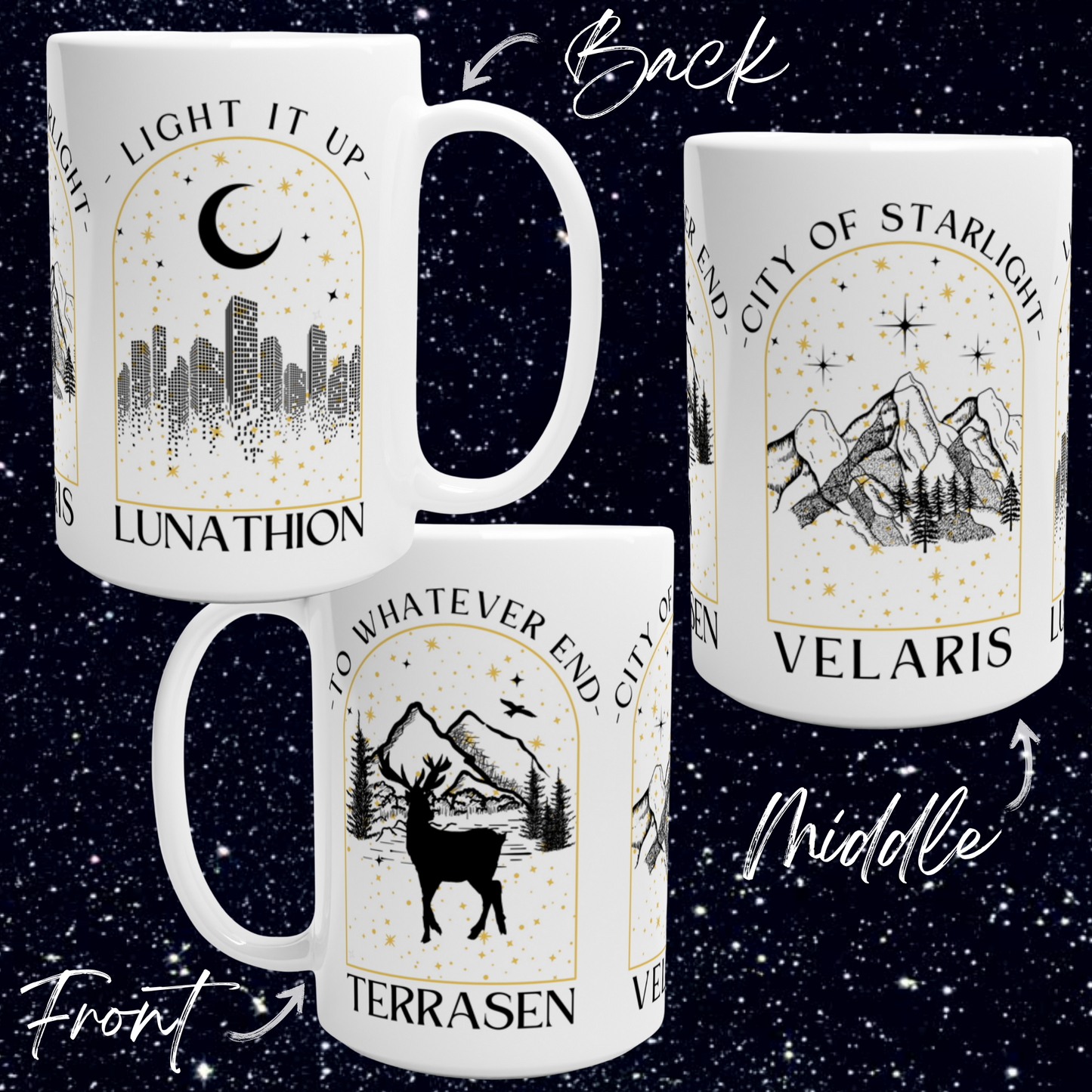 SJM City Mug To Whatever End Terrasen, Velaris City of Starlight, Light it Up Crescent City Lunathion White 15oz Ceramic Mug