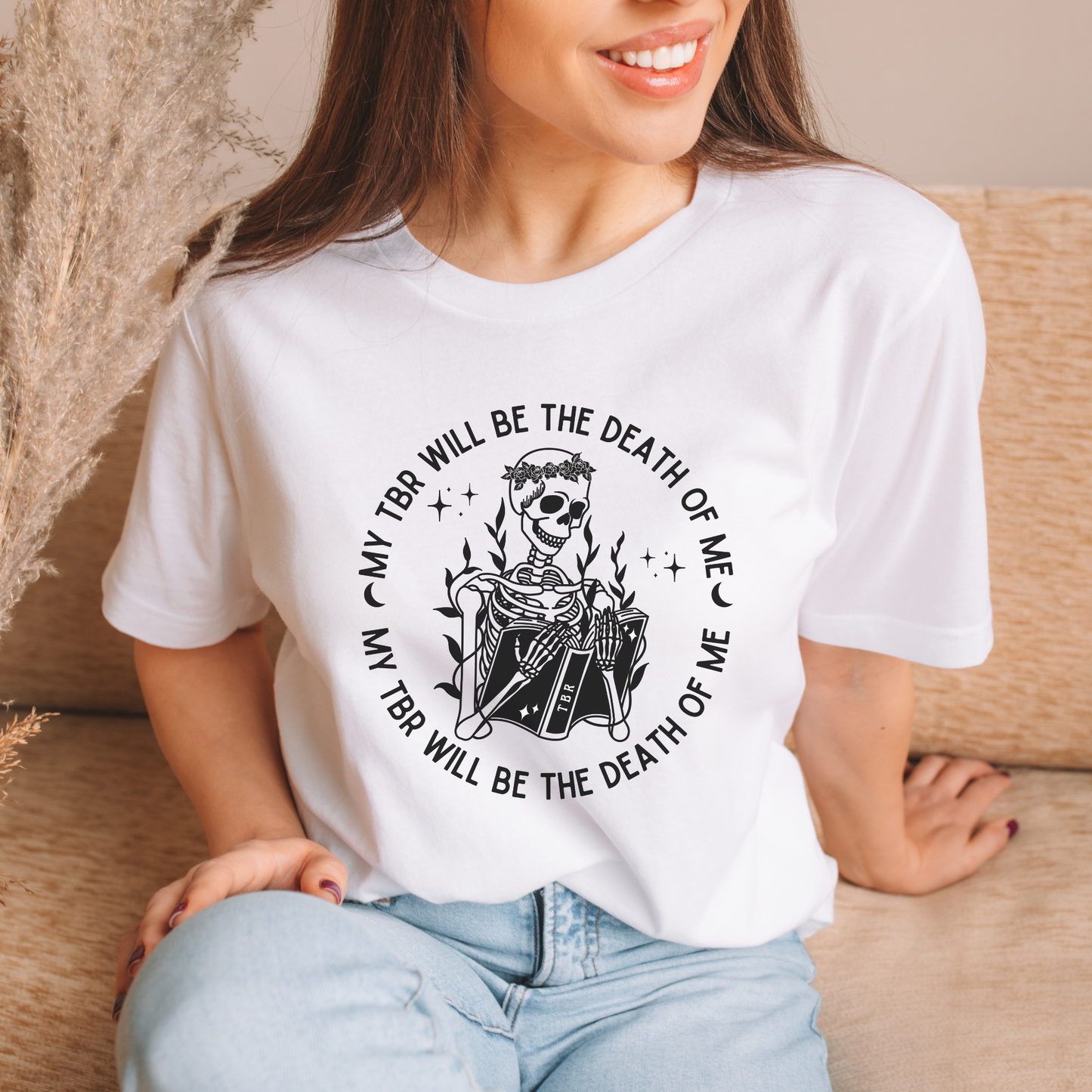 Bookish To Be Read TBR Bibliophile Skeleton Halloween Fall Merch Book Lover Booktok Bookworm Classic Unisex Crewneck T-shirt