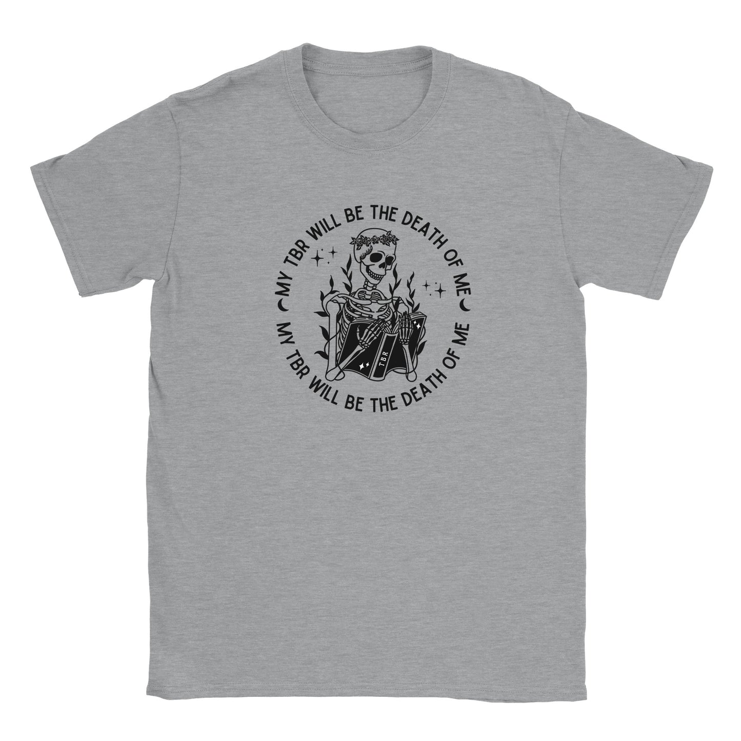 Bookish To Be Read TBR Bibliophile Skeleton Halloween Fall Merch Book Lover Booktok Bookworm Classic Unisex Crewneck T-shirt