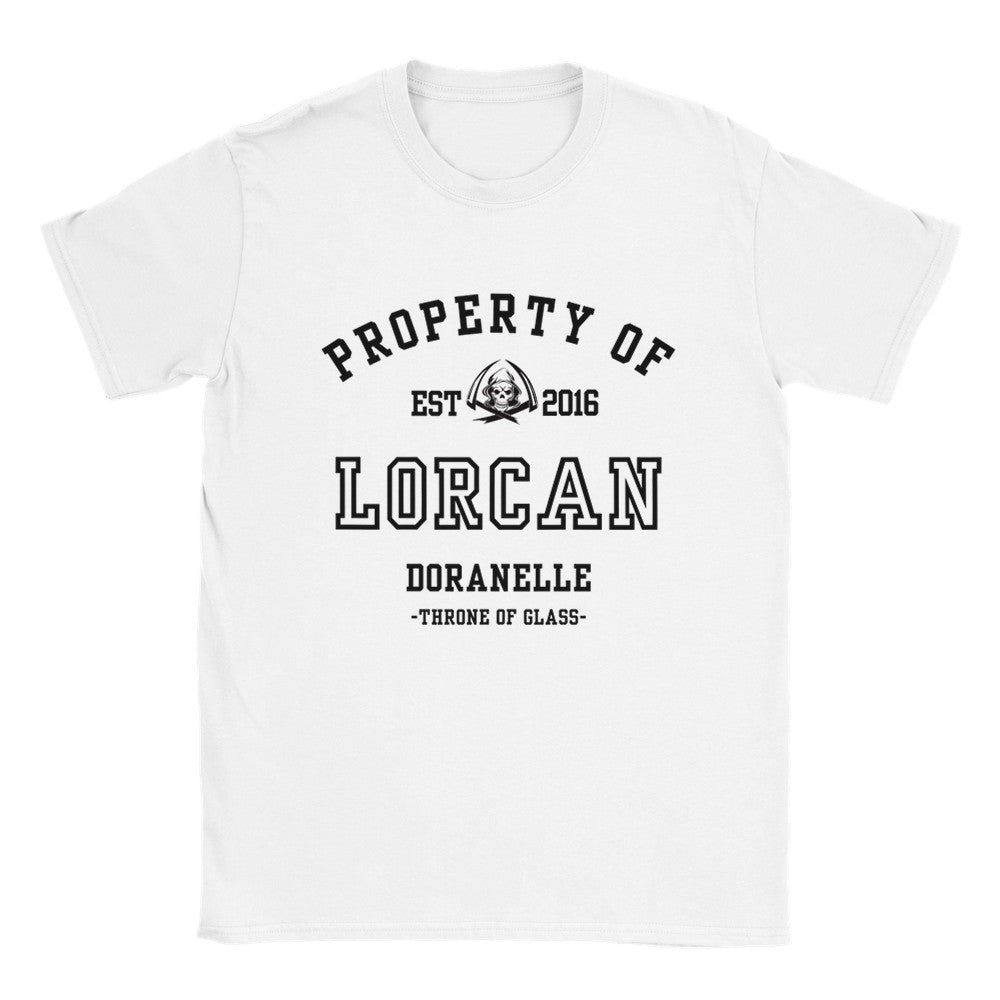 Throne of Glass Property Of Lorcan Collegiate White T-shirt Maasiverse Merch Classic Unisex Crewneck Tshirt