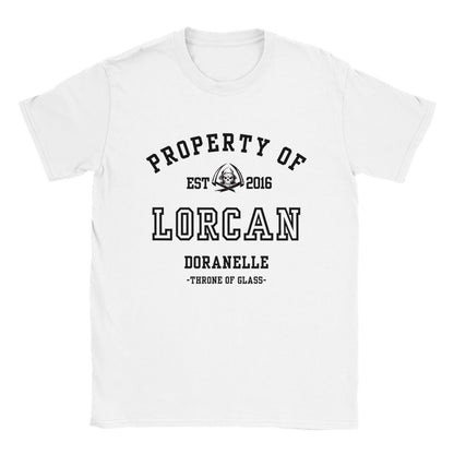 Throne of Glass Property Of Lorcan Collegiate White T-shirt Maasiverse Merch Classic Unisex Crewneck Tshirt