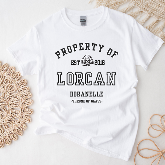 Throne of Glass Property Of Lorcan Collegiate White T-shirt Maasiverse Merch Classic Unisex Crewneck Tshirt