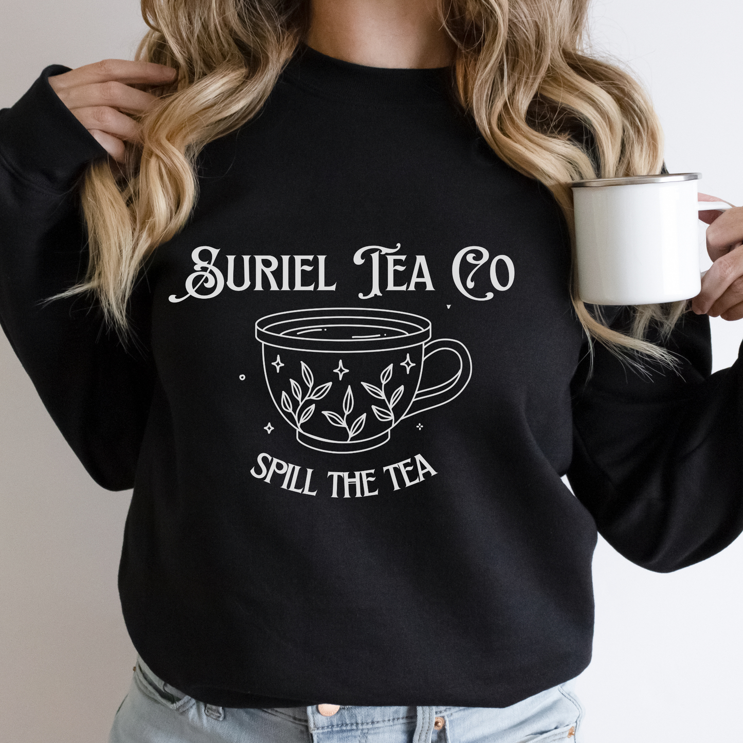 ACOTAR Suriel Tea Co Sweatshirt, Jumper, Bookish BOOKTOK Sweater, Spill The Tea Rhysand, Velaris, Night Court Unisex Black Crewneck