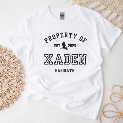 Fourth Wing Xaden Riorson Property Of Collegiate White Tshirt Basgiath War College Merch Classic Unisex Crewneck T-shirt