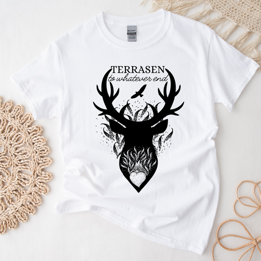 TOG Terrasen Fireheart To Whatever End Aelin Rowan SJM Merch Maasiverse White Classic Unisex Crewneck T-shirt