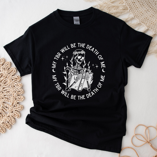 Bookish To Be Read TBR Bibliophile Skeleton Halloween Fall Merch Book Lover Booktok Bookworm Classic Unisex Crewneck T-shirt