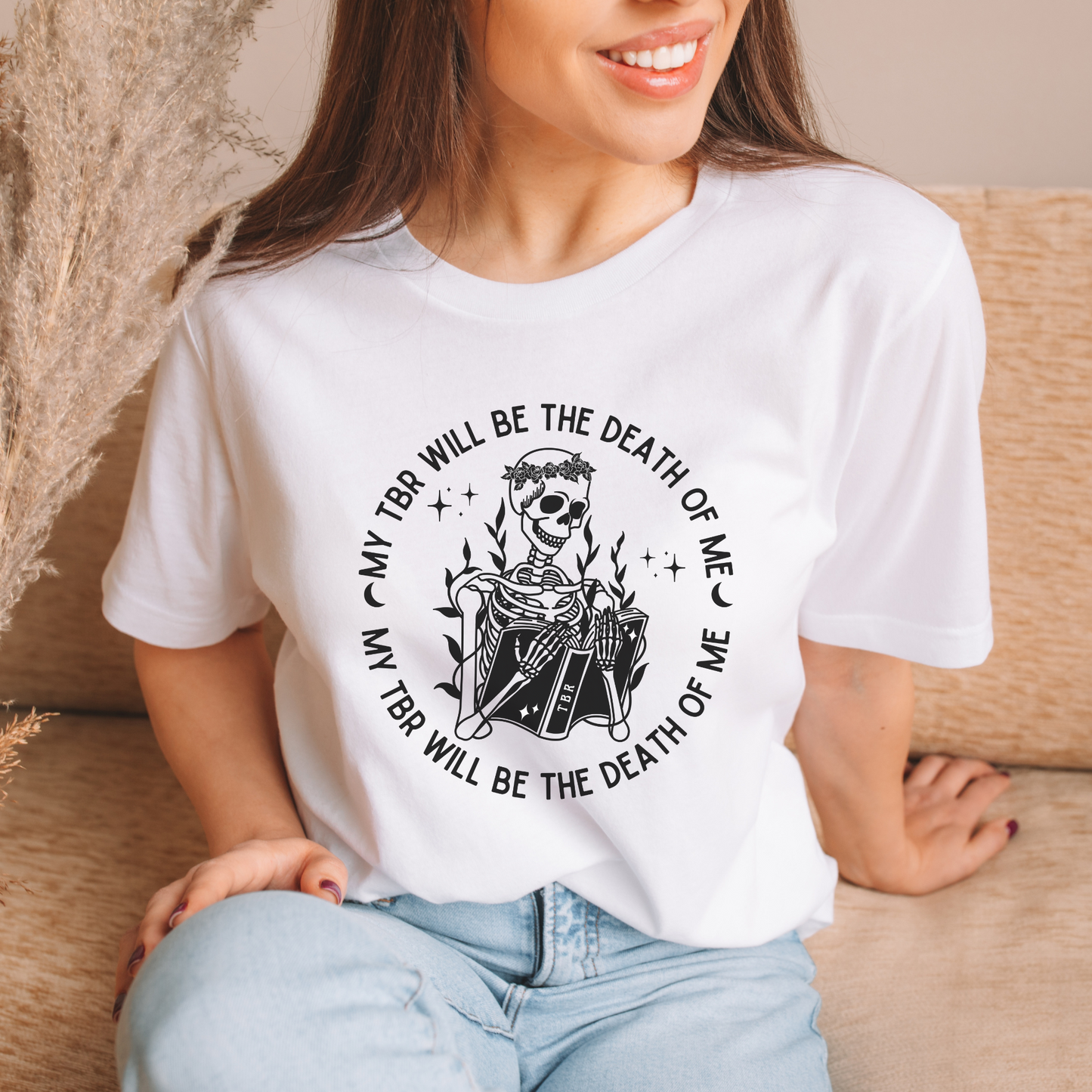 Bookish To Be Read TBR Bibliophile Skeleton Halloween Fall Merch  Book Lover Booktok Bookworm Classic Unisex Crewneck T-shirt