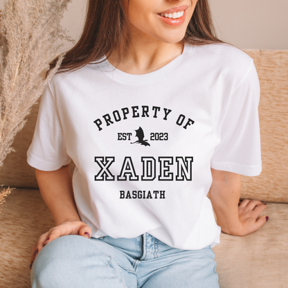 Fourth Wing Xaden Riorson Property Of Collegiate White Tshirt Basgiath War College Merch Classic Unisex Crewneck T-shirt