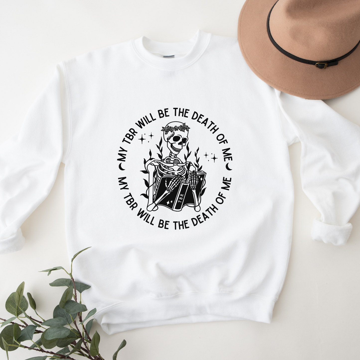 Bookish To Be Read TBR Sweatshirt White Bibliophile Skeleton Halloween Fall Merch Book Lover Booktok Bookworm Classic Unisex Crewneck