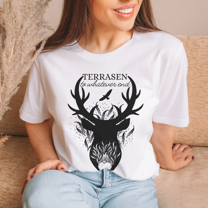 TOG Terrasen Fireheart To Whatever End Aelin Rowan SJM Merch Maasiverse White Classic Unisex Crewneck T-shirt