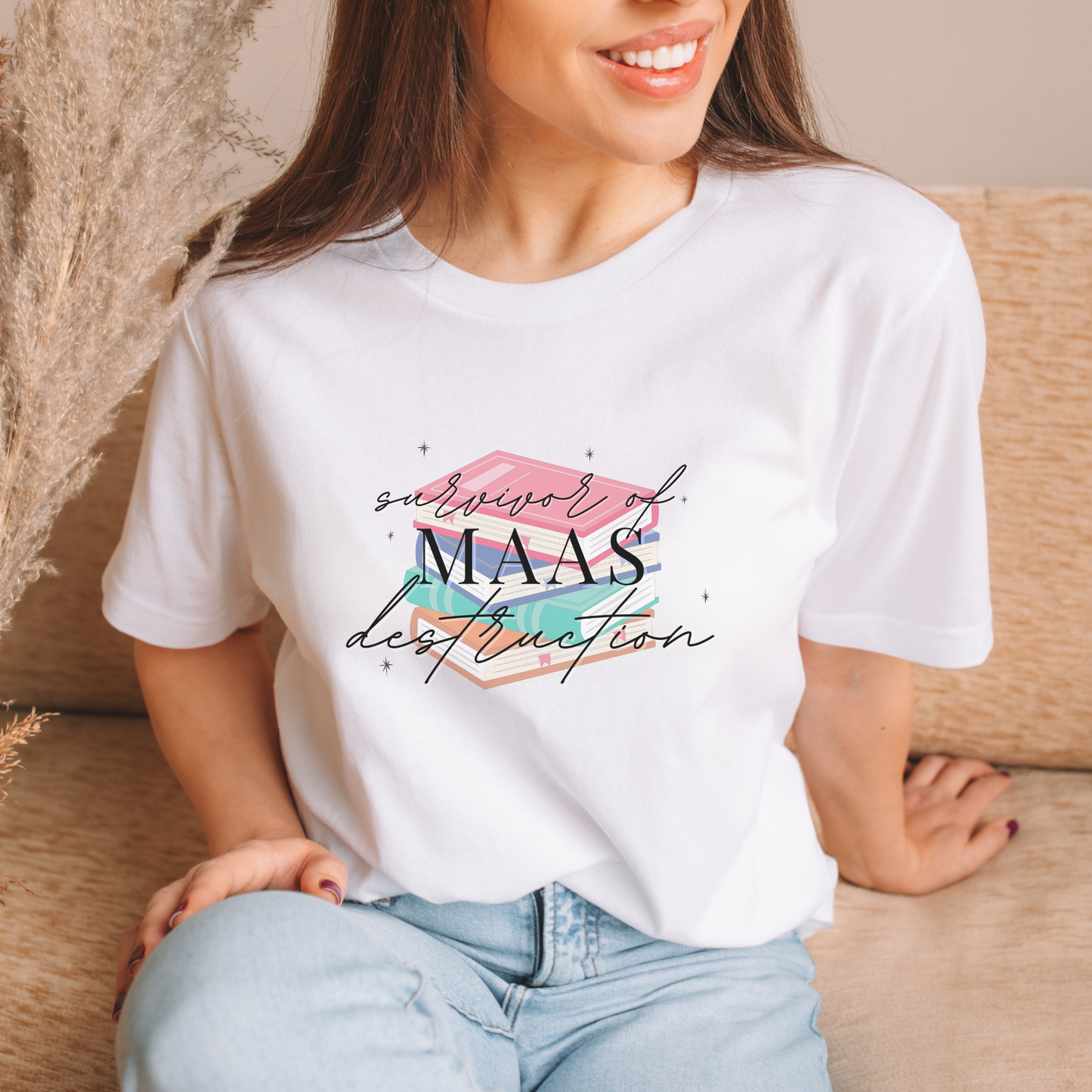 SJMaas Survivor White T-Shirt ACOTAR Crescent City Throne of Glass Merch Sarah J Maas Licensed Heavyweight Unisex Crewneck T-shirt