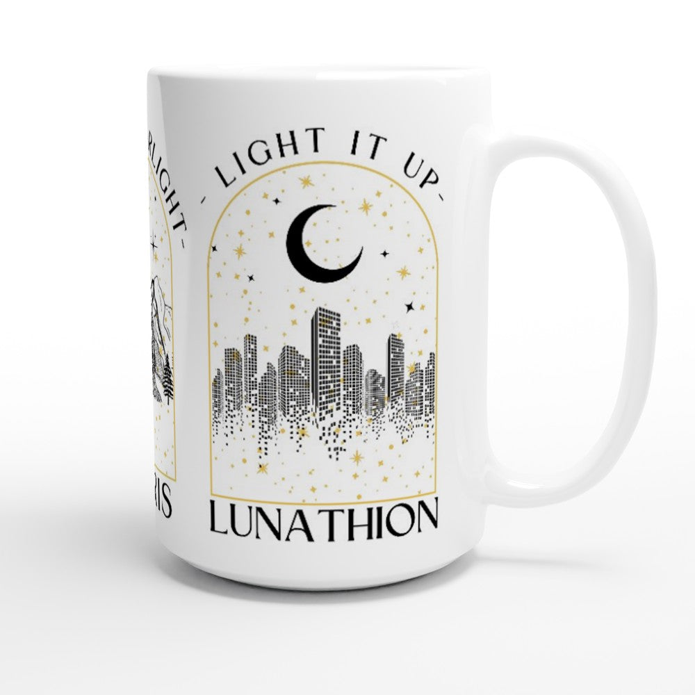 SJM City Mug To Whatever End Terrasen, Velaris City of Starlight, Light it Up Crescent City Lunathion White 15oz Ceramic Mug