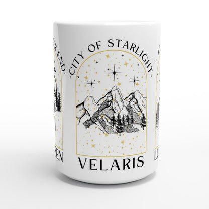 SJM City Mug To Whatever End Terrasen, Velaris City of Starlight, Light it Up Crescent City Lunathion White 15oz Ceramic Mug