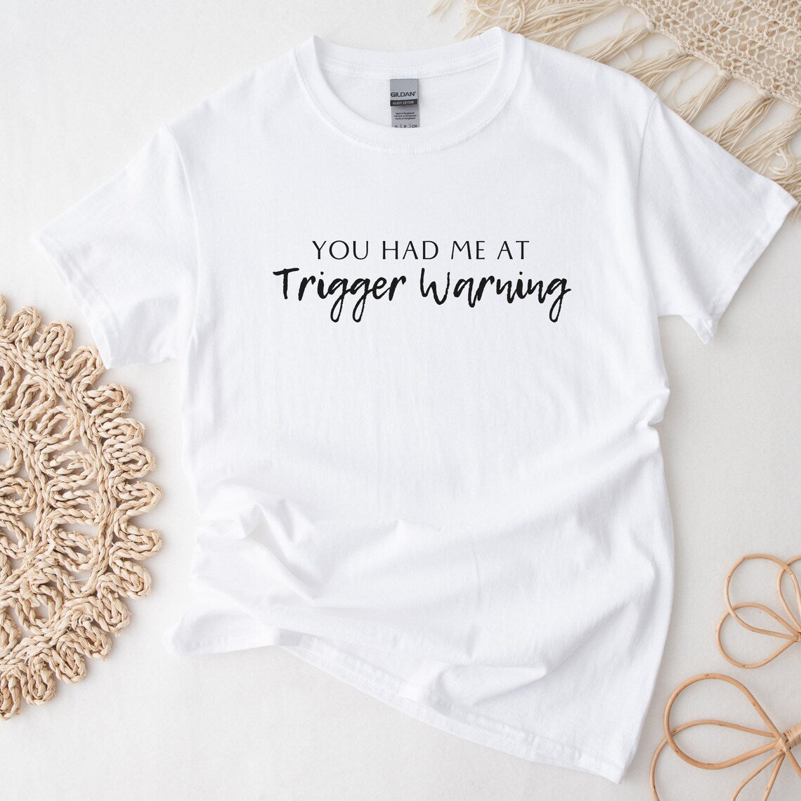 Bookish Trope Trigger Warning Avid Reader Book Lover Gift Romance Fantasy Reader White Unisex Oversized Crewneck T-shirt