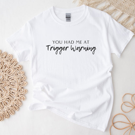 Bookish Trope Trigger Warning Avid Reader Book Lover Gift Romance Fantasy Reader White Unisex Oversized Crewneck T-shirt