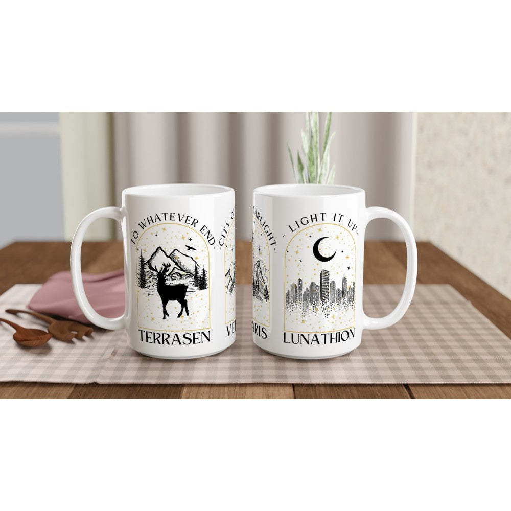 SJM City Mug To Whatever End Terrasen, Velaris City of Starlight, Light it Up Crescent City Lunathion White 15oz Ceramic Mug